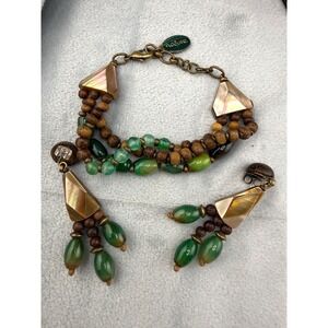 Nature Boho Bracelet Pierced Earrings Set Signed Nature Wood Abalone 7.5"